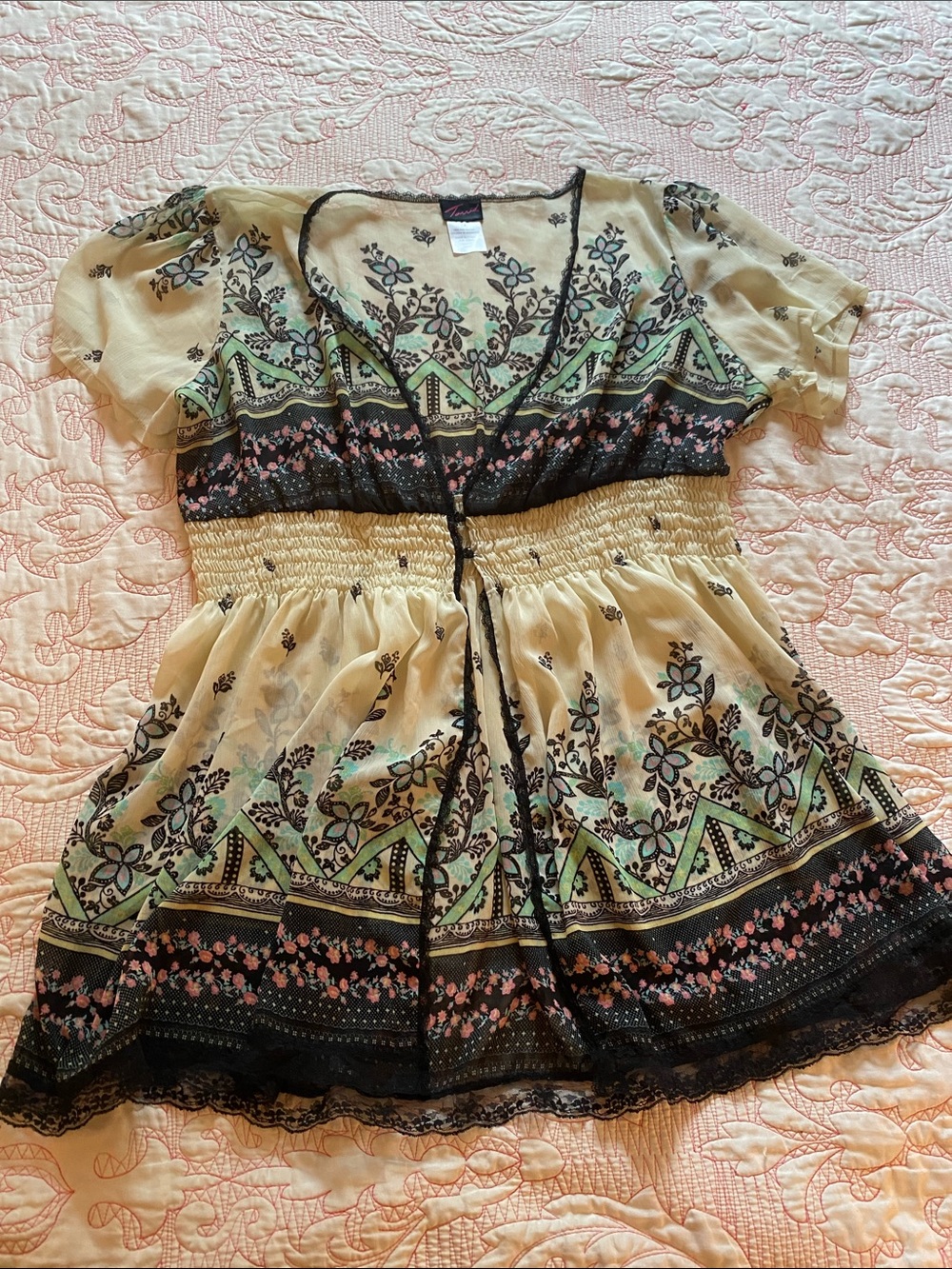 torrid Beige Floral Empire Waist Sheer Tunic with Black Trim